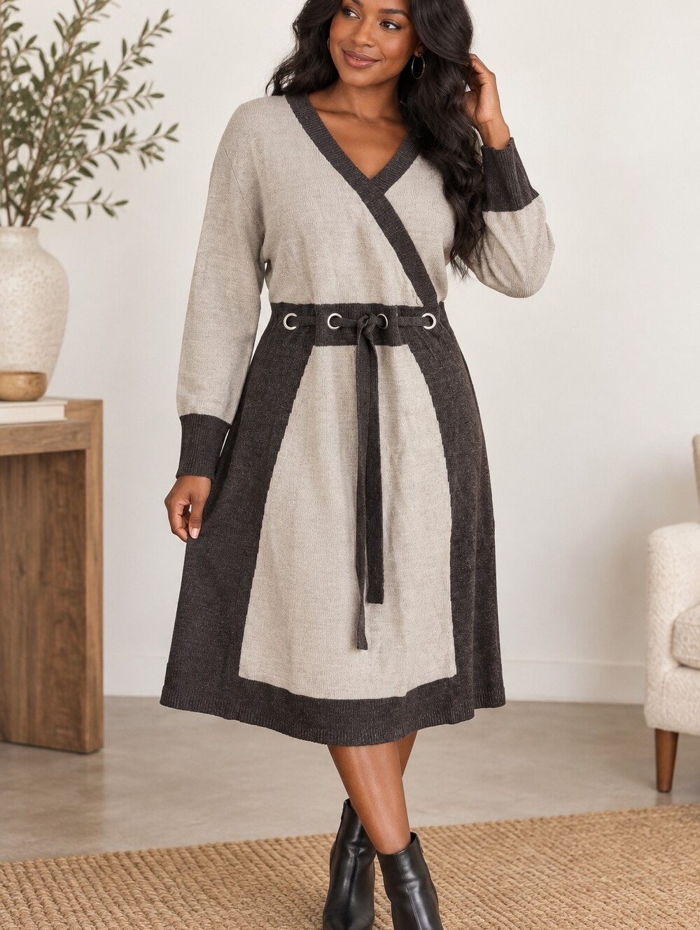 Wrapper Colorblock Knit Sweater Dress Grey Charcoal Faux Wrap Tie Waist Midi
